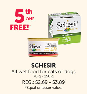 Get the 5th one free when you buy Schesir wet food for cats or dogs. (70g - 150g)