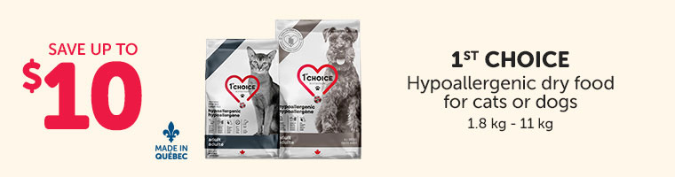 Save up to 10$ on 1st Choice hypoallergenic dry food for cats or dogs.
