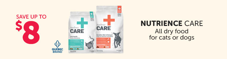 Save up to $8 on all Nutrience Care dry food for cats or dogs. 