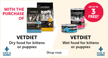 With the purchase of Vetdiet dry food for kittens or puppies, get up to 3 free cans of Vetdiet wet food for kittens or puppies. The number of free cans depends on the size of the bag purchased.