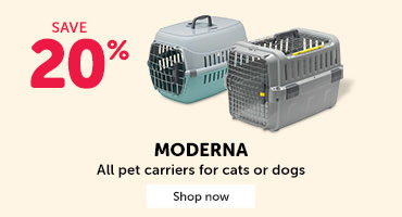 Save 20% on all Moderna pet carriers for cats or dogs.