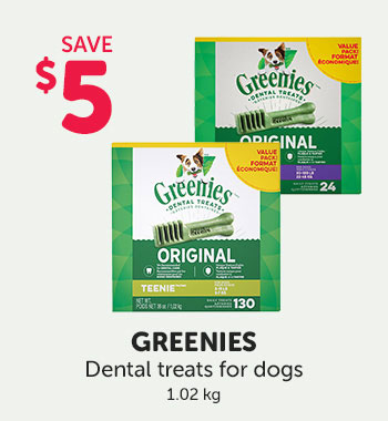 Save $5 on Greenies dental treats for dogs.