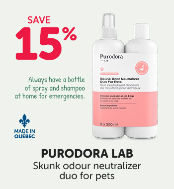 Save 15% on Purodora Lab skunk  odour neutralizer duo for pets.