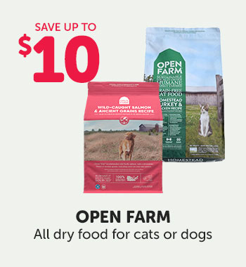 Save up to $10 on Open Farm dry food for cats or dogs.