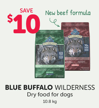Save $10 on Blue Buffalo Wilderness dry food (10.8 kg) for dogs.