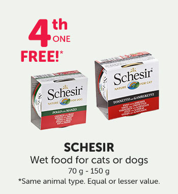 Get the 4th one free when you buy Schesir wet food for cats or dogs. 