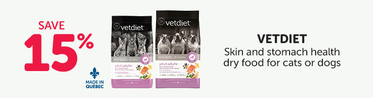 Save 15% on selected sizes of Vetdiet skin and stomach health dry food for cats or dogs.