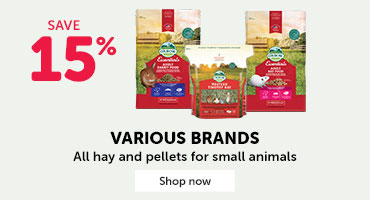 Save 15% on all hay and pellets from various brands for small animals. 
