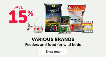 Save 15% on feeders and food for wild birds from various brands.