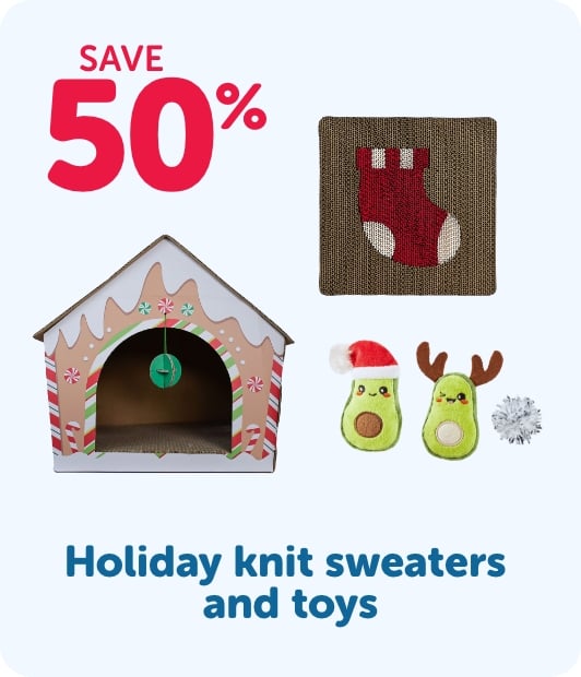 Save 50% - Holiday knit sweaters and toys