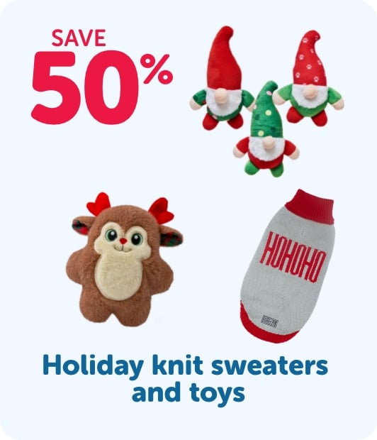 Save 50% - Holiday knit sweaters and toys