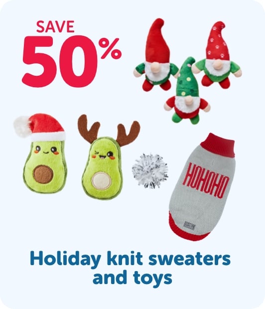 Save 50% - Holiday knit sweaters and toys