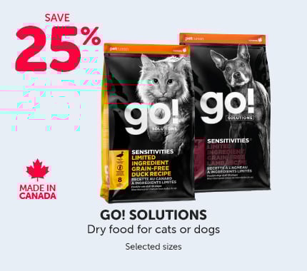 GO! Solutions dry food for pets. Save 25% on selected sizes of GO! Solutions dry food for cats or dogs. Made in Canada.