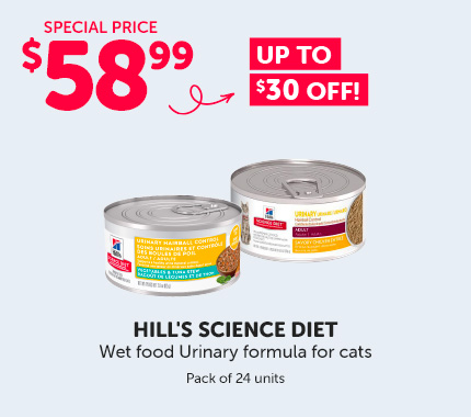 24-pack Hill’s Science Diet Urinary Formula wet food for cats. Special price of $58.99. Save up to $30!