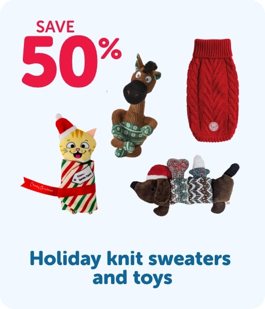Save 50% - Holiday knit sweaters and toys