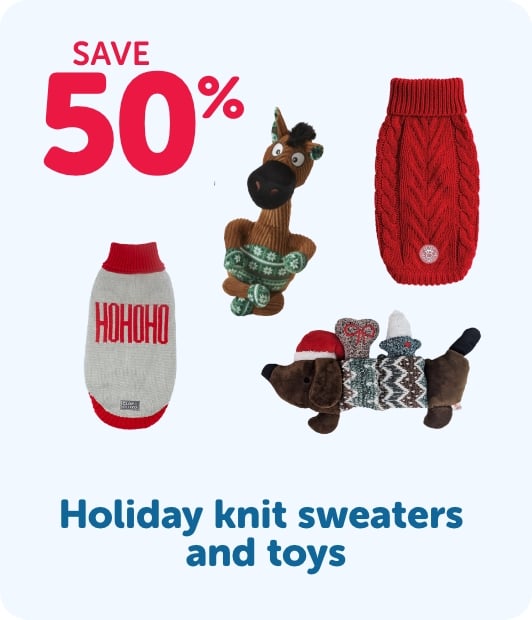 Save 50% - Holiday knit sweaters and toys